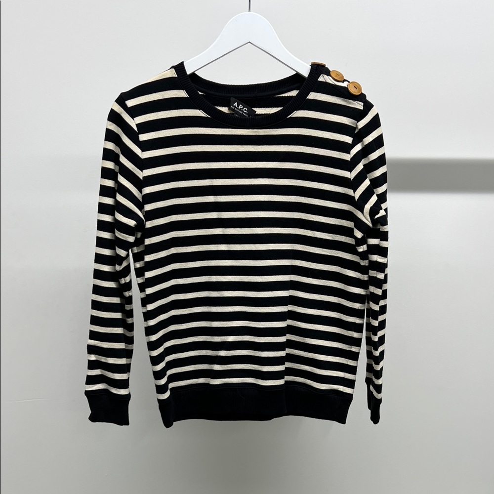 A.P.C. Black and Cream Striped Crewneck Sweater